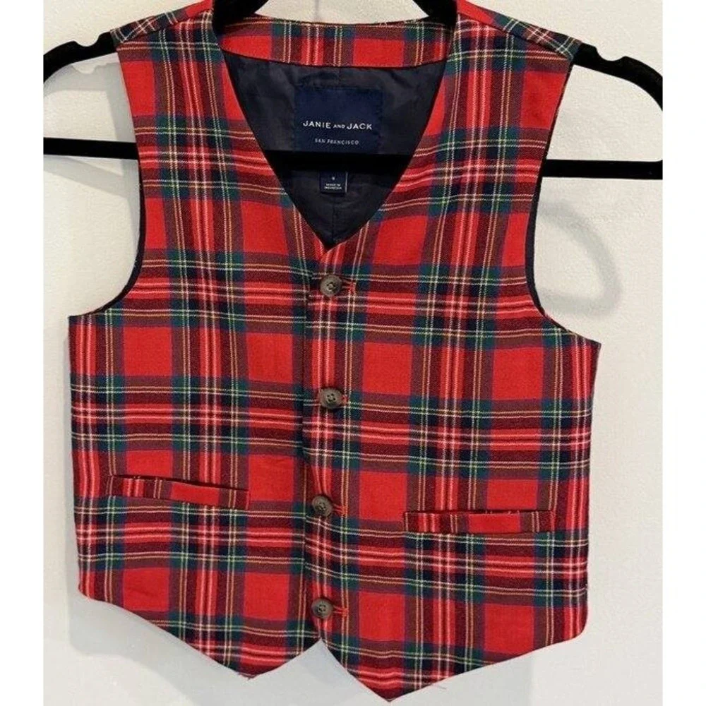 Janie and Jack Boys Red Plaid Wool Vest Christmas Holidays Size 8